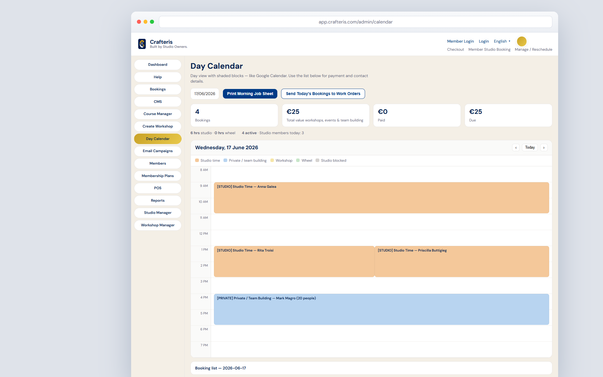 Crafteris day calendar showing workshops, studio bookings and private events