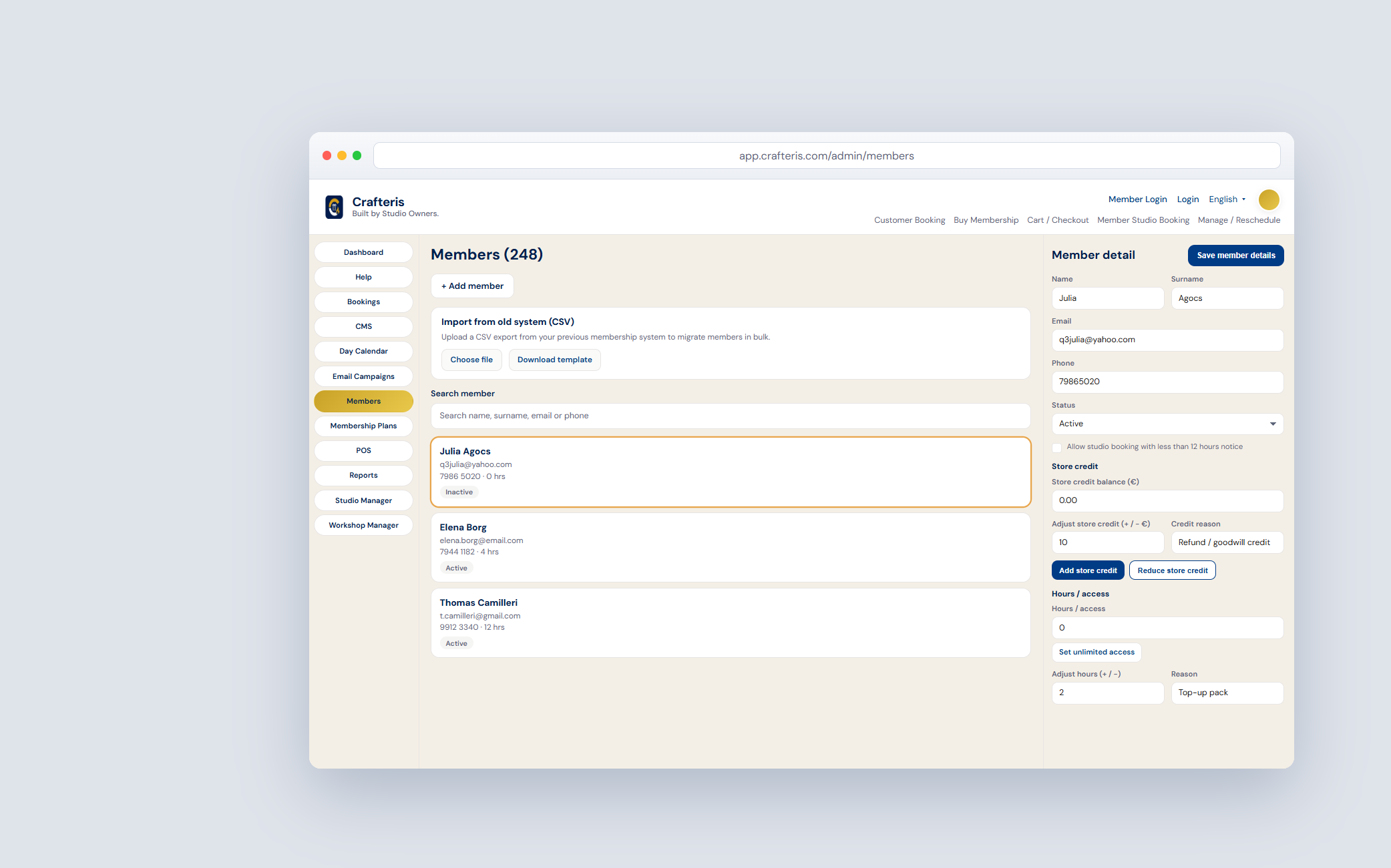 Crafteris membership manager showing member hours, subscriptions and access